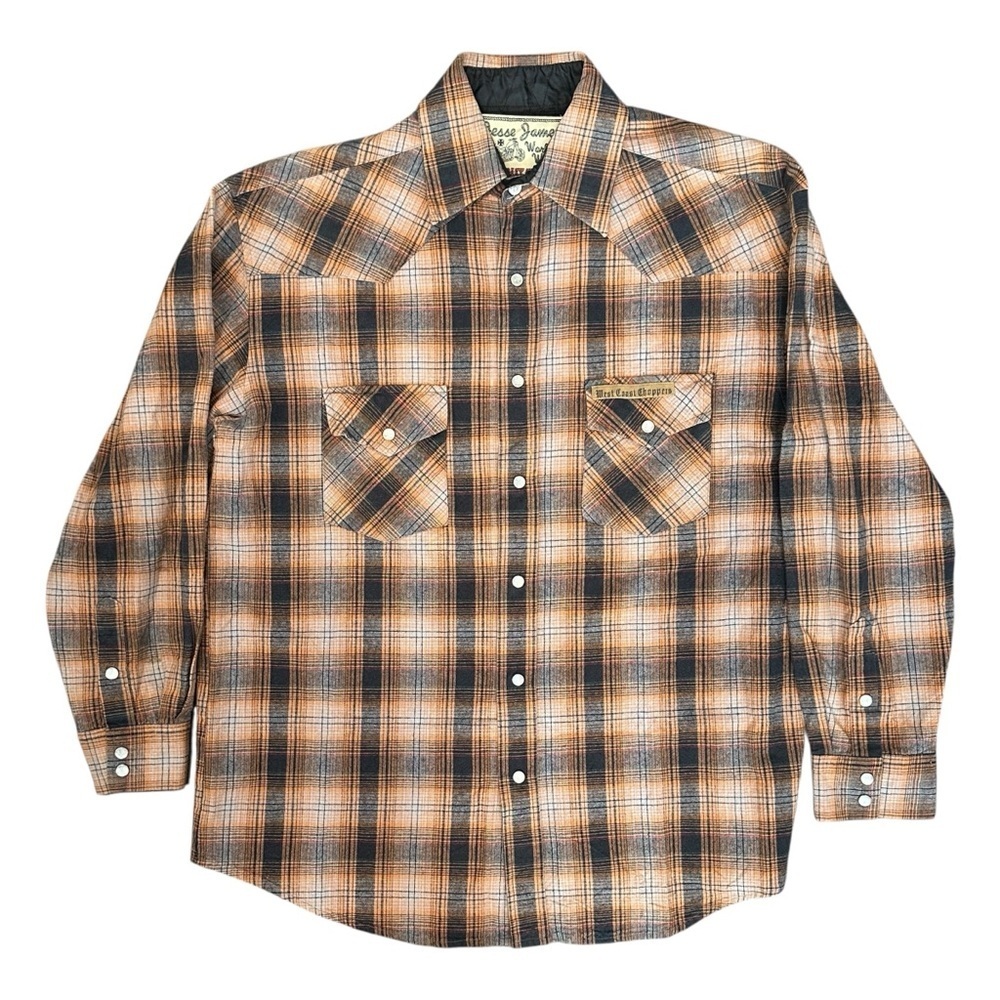 Jesse James West Coast Choppers Pearl Snap Flannel Shirt Rust Orange Plaid Med